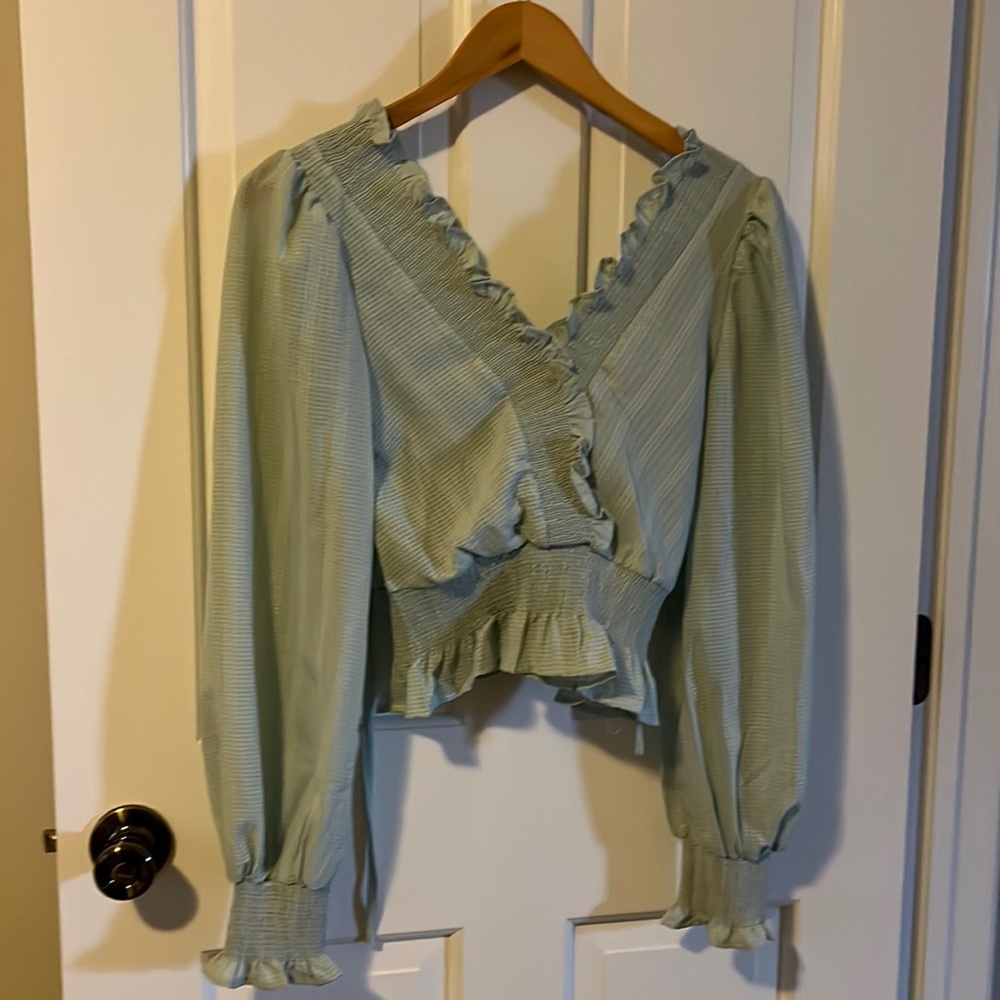 Ming green ruffle blouse NWT